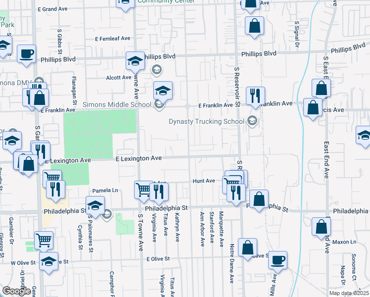 map of restaurants, bars, coffee shops, grocery stores, and more near 1851 South San Antonio Avenue in Pomona