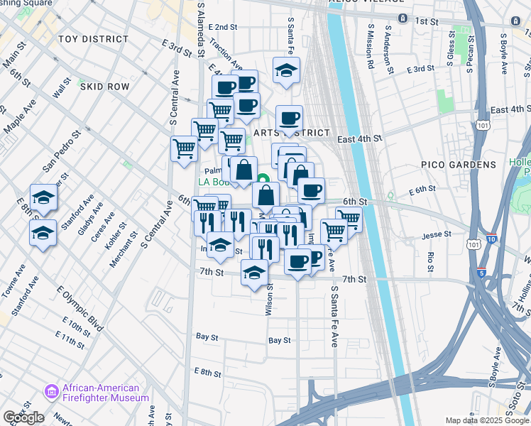 map of restaurants, bars, coffee shops, grocery stores, and more near 1340 East 6th Street in Los Angeles