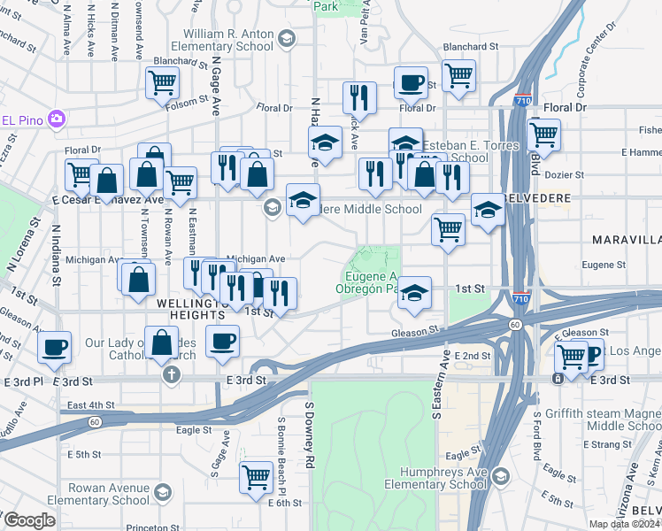 map of restaurants, bars, coffee shops, grocery stores, and more near 151 North Sunol Drive in Los Angeles