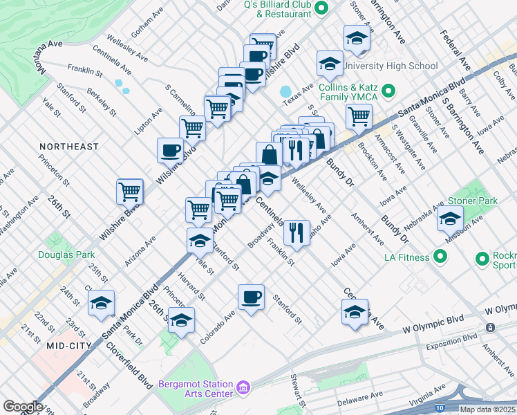 map of restaurants, bars, coffee shops, grocery stores, and more near 1425 Centinela Avenue in Santa Monica