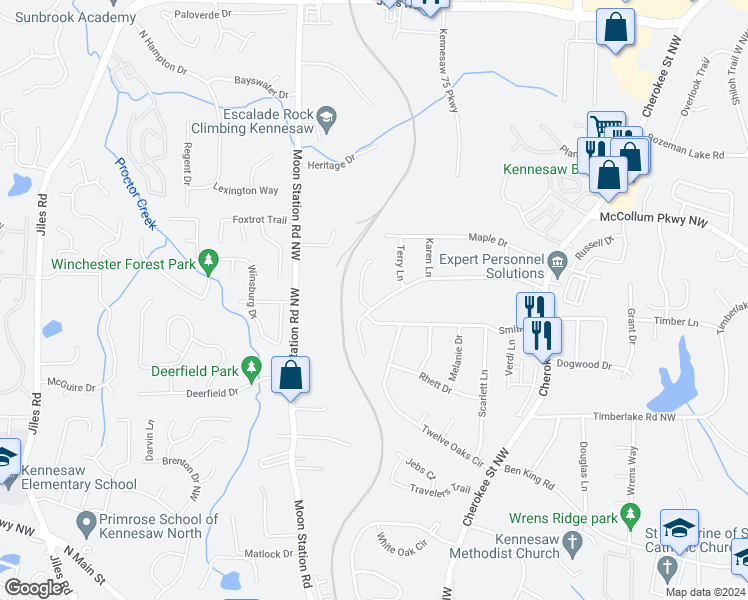 map of restaurants, bars, coffee shops, grocery stores, and more near 2150 Dobbins Drive in Kennesaw