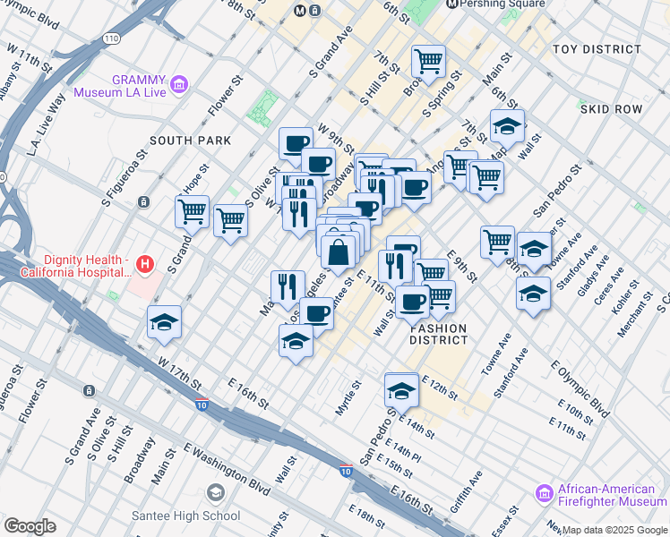 map of restaurants, bars, coffee shops, grocery stores, and more near 1104 South Los Angeles Street in Los Angeles