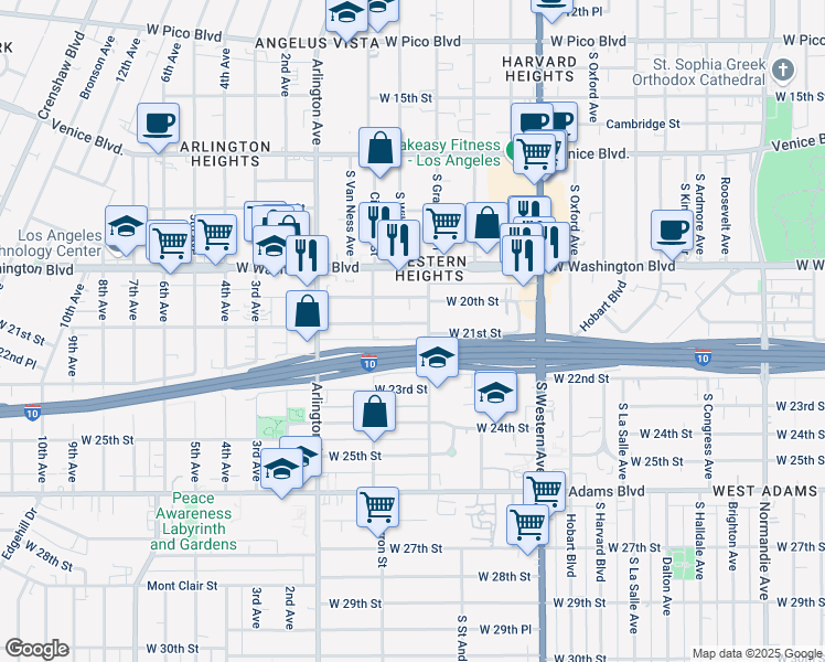 map of restaurants, bars, coffee shops, grocery stores, and more near 2266 West 21st Street in Los Angeles