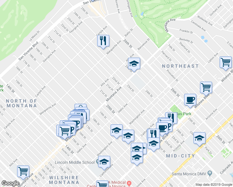 map of restaurants, bars, coffee shops, grocery stores, and more near 2122 Montana Avenue in Santa Monica