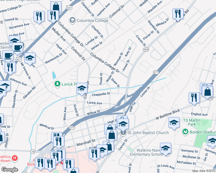 map of restaurants, bars, coffee shops, grocery stores, and more near 4021 Water Street in Columbia
