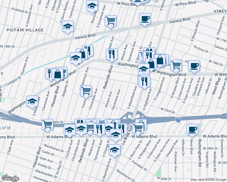 map of restaurants, bars, coffee shops, grocery stores, and more near 2144 Alsace Avenue in Los Angeles
