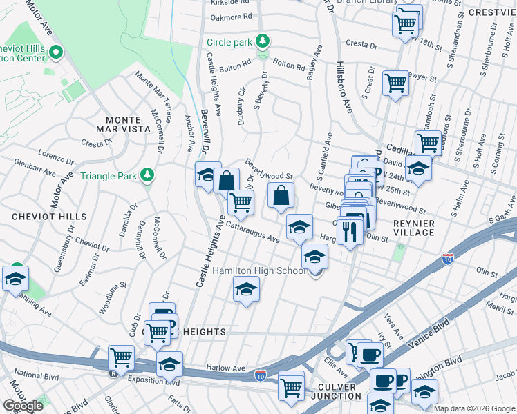map of restaurants, bars, coffee shops, grocery stores, and more near 2803 Cardiff Avenue in Los Angeles