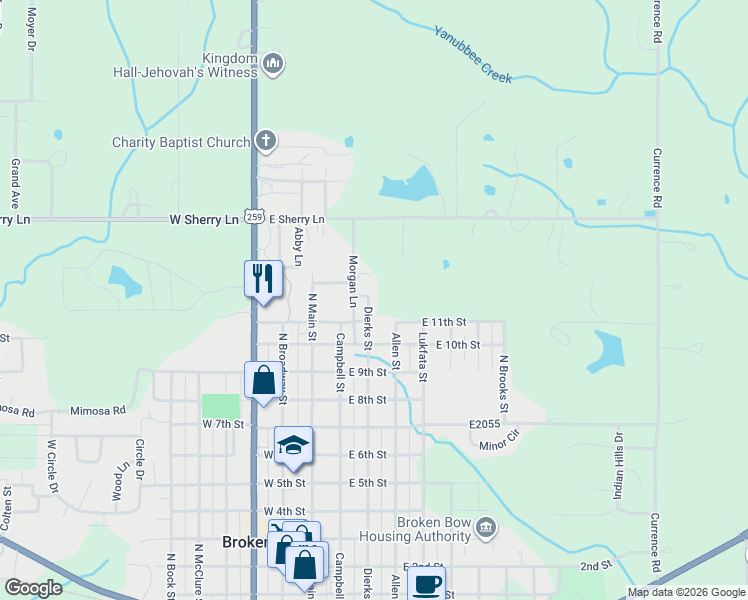 map of restaurants, bars, coffee shops, grocery stores, and more near 1106 Dierks Street in Broken Bow