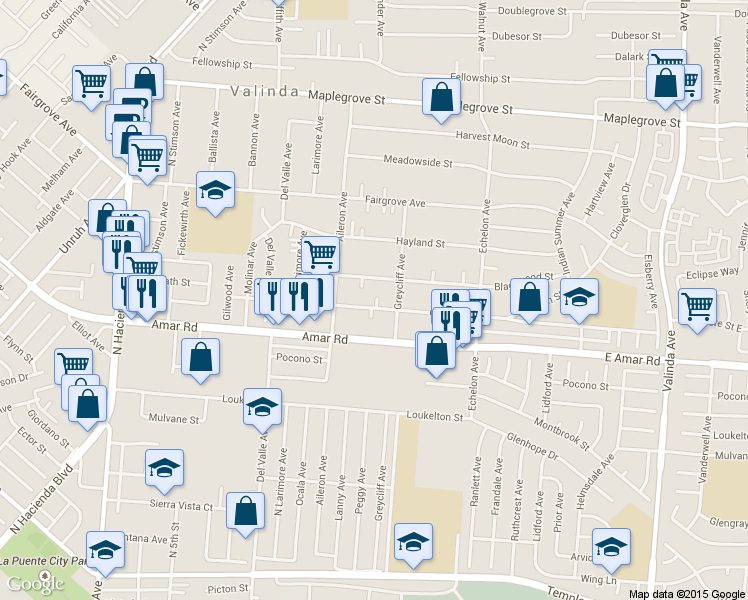 map of restaurants, bars, coffee shops, grocery stores, and more near 15849 Cadwell St in La Puente