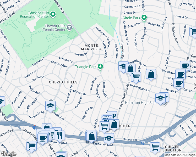 map of restaurants, bars, coffee shops, grocery stores, and more near 2924 Danalda Drive in Los Angeles