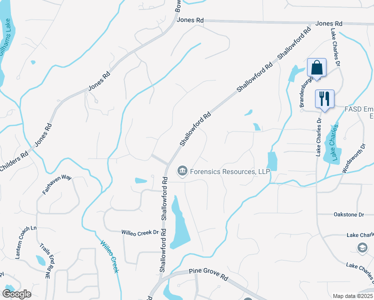 map of restaurants, bars, coffee shops, grocery stores, and more near 10565 Shallowford Road in Roswell
