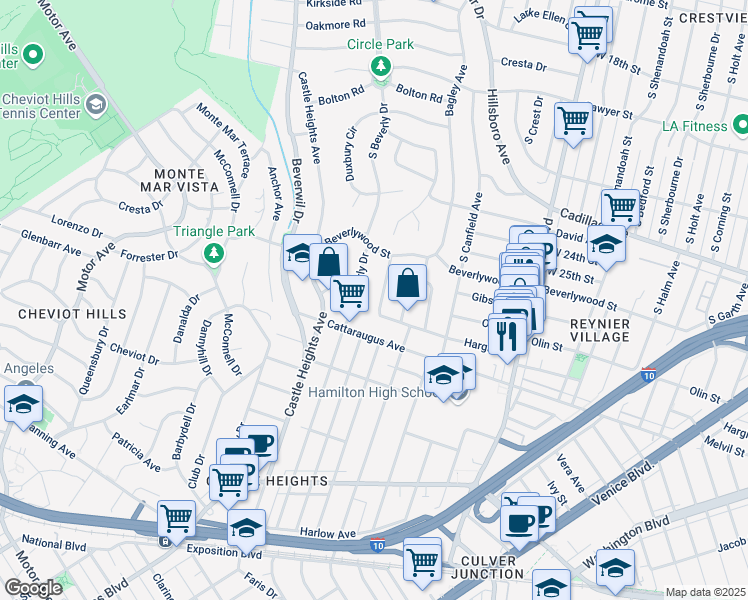 map of restaurants, bars, coffee shops, grocery stores, and more near 2721 Cardiff Avenue in Los Angeles