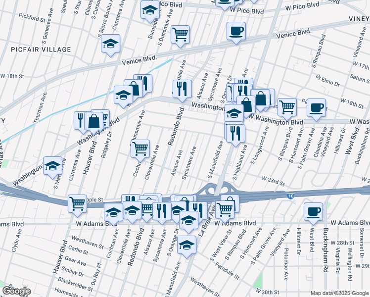 map of restaurants, bars, coffee shops, grocery stores, and more near 2144 Alsace Avenue in Los Angeles