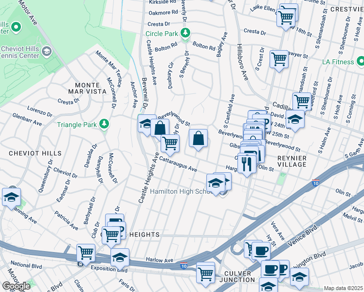 map of restaurants, bars, coffee shops, grocery stores, and more near 2803 Cardiff Avenue in Los Angeles