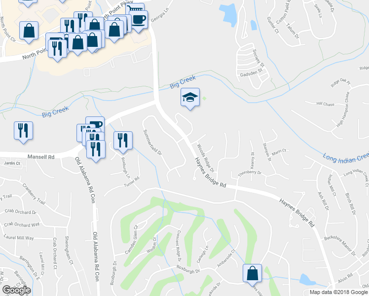 map of restaurants, bars, coffee shops, grocery stores, and more near 205 Summerfield Drive in Alpharetta
