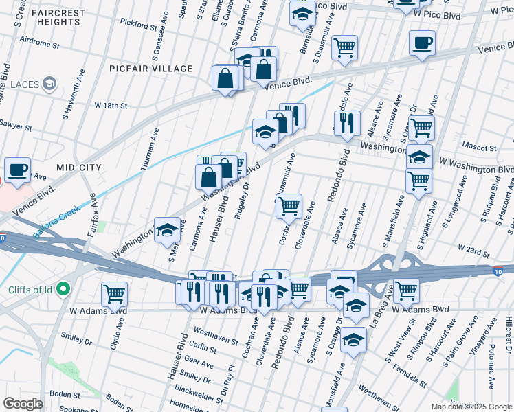 map of restaurants, bars, coffee shops, grocery stores, and more near 2121 Burnside Avenue in Los Angeles