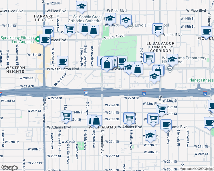 map of restaurants, bars, coffee shops, grocery stores, and more near 1870 West 20th Street in Los Angeles