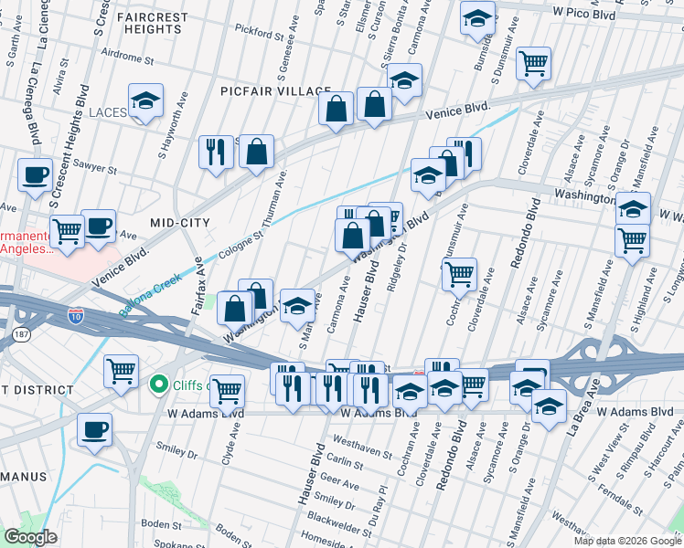 map of restaurants, bars, coffee shops, grocery stores, and more near 5458 Washington Boulevard in Los Angeles
