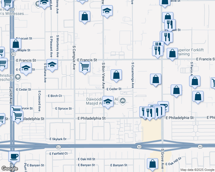 map of restaurants, bars, coffee shops, grocery stores, and more near 901 East Cedar Street in Ontario