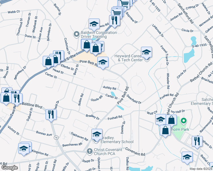 map of restaurants, bars, coffee shops, grocery stores, and more near 1818 Ashby Road in Columbia