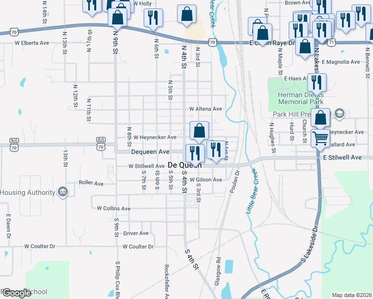 map of restaurants, bars, coffee shops, grocery stores, and more near 314 West Dequeen Avenue in De Queen