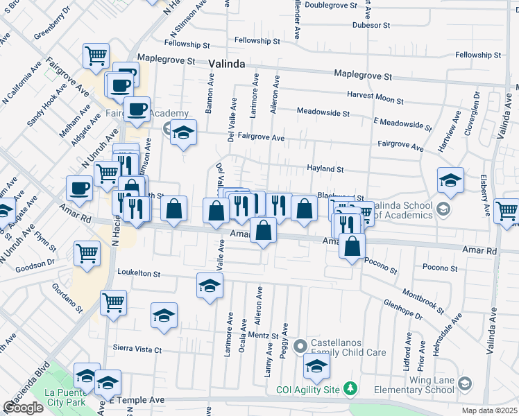 map of restaurants, bars, coffee shops, grocery stores, and more near 15765 Cadwell Street in La Puente