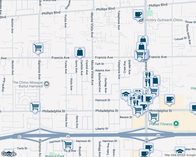map of restaurants, bars, coffee shops, grocery stores, and more near 11860 Butterfield Avenue in Chino