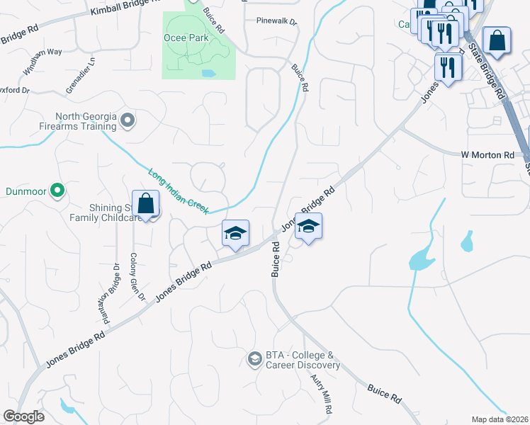 map of restaurants, bars, coffee shops, grocery stores, and more near 10570 Buice Road in Alpharetta