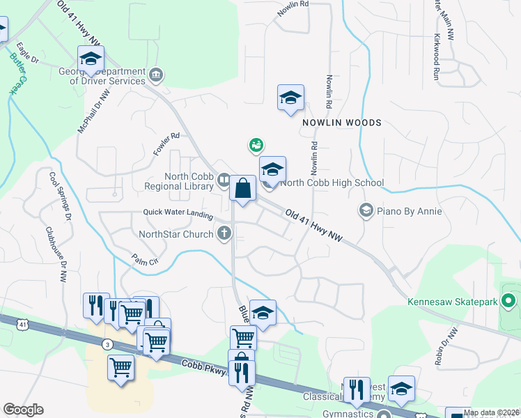 map of restaurants, bars, coffee shops, grocery stores, and more near 3617 Silver Brooke Lane in Kennesaw