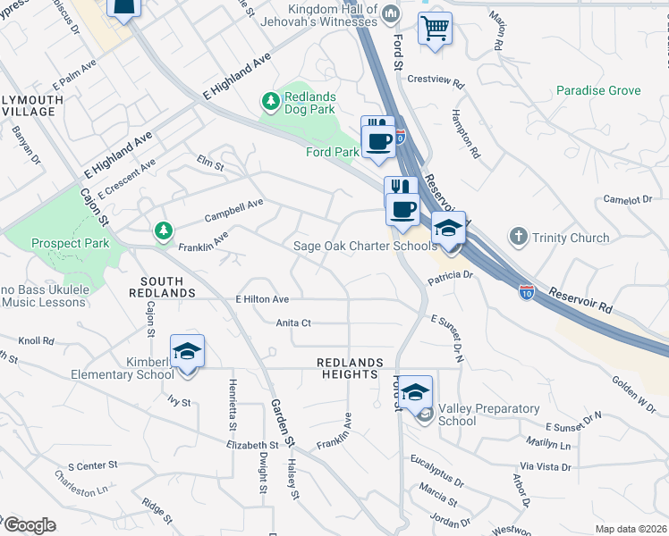 map of restaurants, bars, coffee shops, grocery stores, and more near 375 Franklin Avenue in Redlands