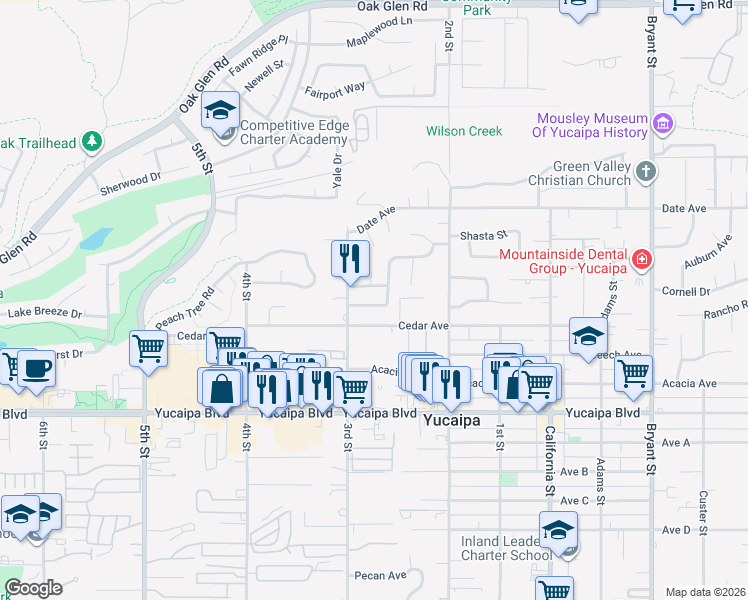 map of restaurants, bars, coffee shops, grocery stores, and more near 34744 Shangri Lane in Yucaipa