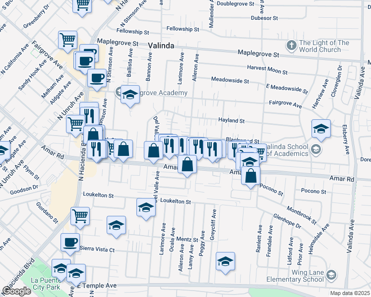 map of restaurants, bars, coffee shops, grocery stores, and more near 1054 Aileron Avenue in La Puente