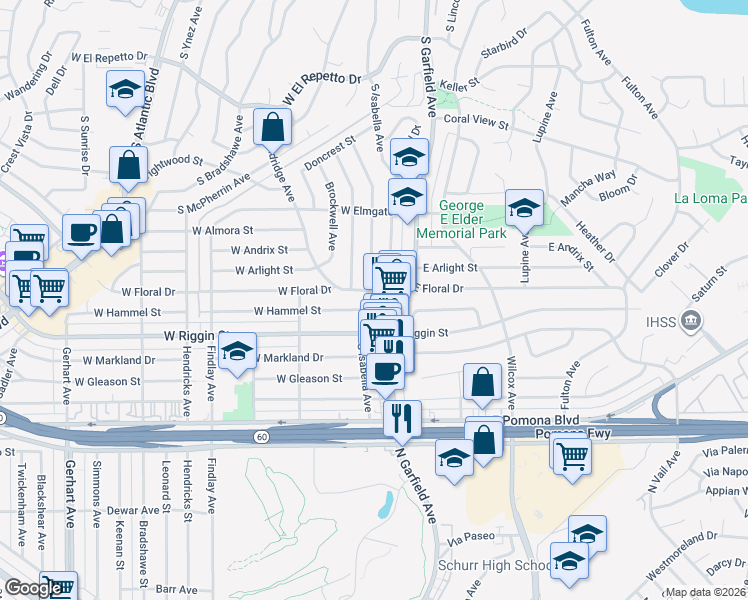 map of restaurants, bars, coffee shops, grocery stores, and more near 2200 South Isabella Avenue in Monterey Park