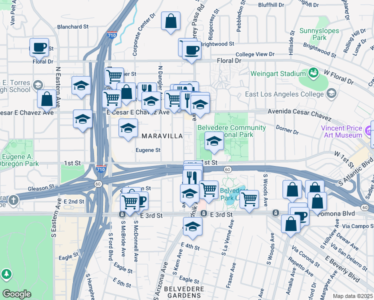 map of restaurants, bars, coffee shops, grocery stores, and more near 200 North Kern Avenue in East Los Angeles