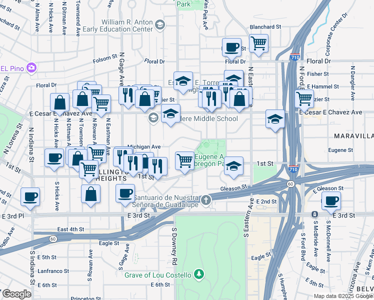 map of restaurants, bars, coffee shops, grocery stores, and more near 151 North Sunol Drive in Los Angeles