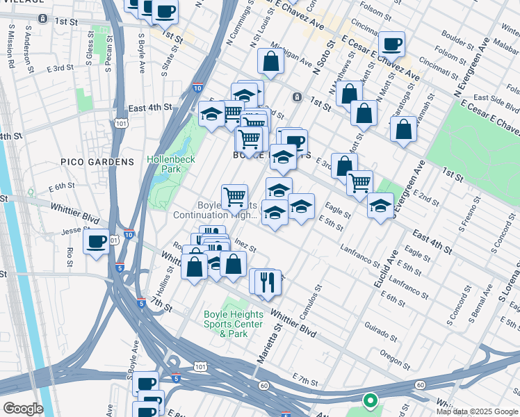 map of restaurants, bars, coffee shops, grocery stores, and more near 525 South Mathews Street in Los Angeles