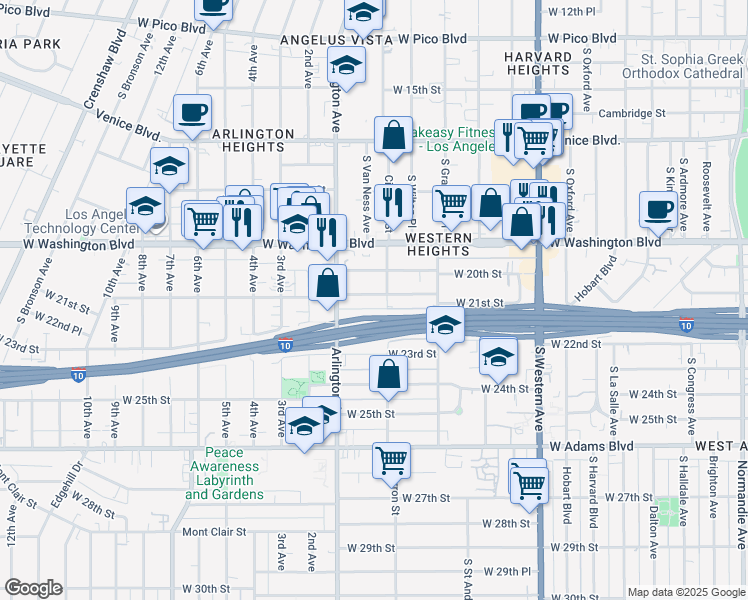 map of restaurants, bars, coffee shops, grocery stores, and more near 2105 Cimarron Street in Los Angeles