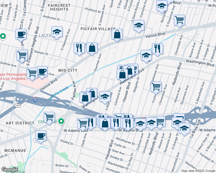 map of restaurants, bars, coffee shops, grocery stores, and more near 2121 South Marvin Avenue in Los Angeles