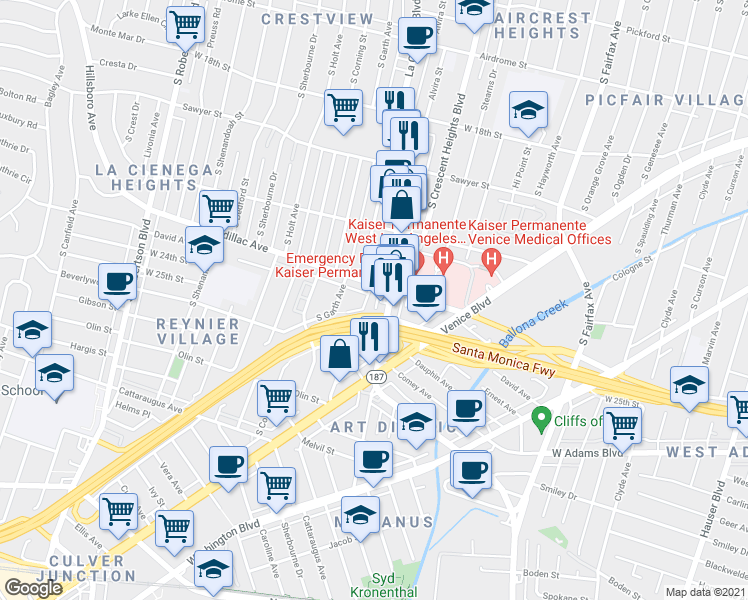 map of restaurants, bars, coffee shops, grocery stores, and more near in Los Angeles