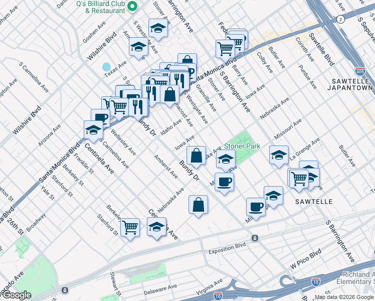 map of restaurants, bars, coffee shops, grocery stores, and more near 1730 Brockton Avenue in Los Angeles