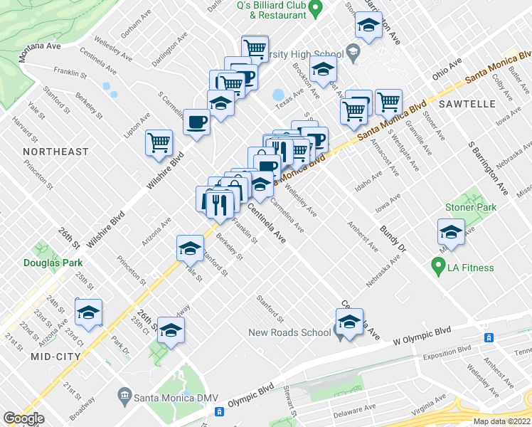 map of restaurants, bars, coffee shops, grocery stores, and more near 1427 Centinela Avenue in Santa Monica