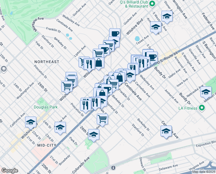 map of restaurants, bars, coffee shops, grocery stores, and more near 1337 Berkeley Street in Santa Monica