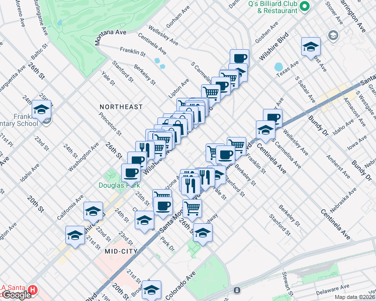 map of restaurants, bars, coffee shops, grocery stores, and more near 1244 Stanford Street in Santa Monica