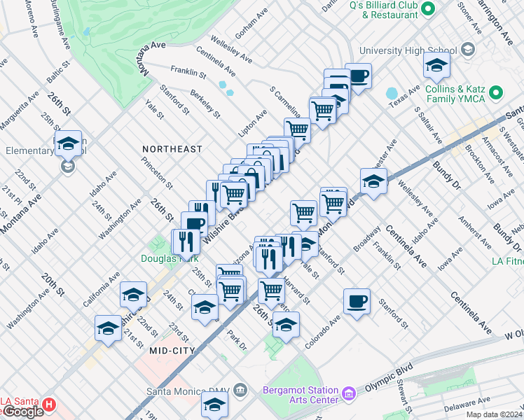 map of restaurants, bars, coffee shops, grocery stores, and more near 1244 Stanford Street in Santa Monica