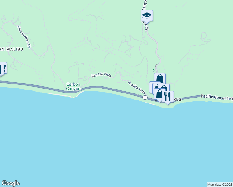 map of restaurants, bars, coffee shops, grocery stores, and more near 21506 Coast Highway in Malibu