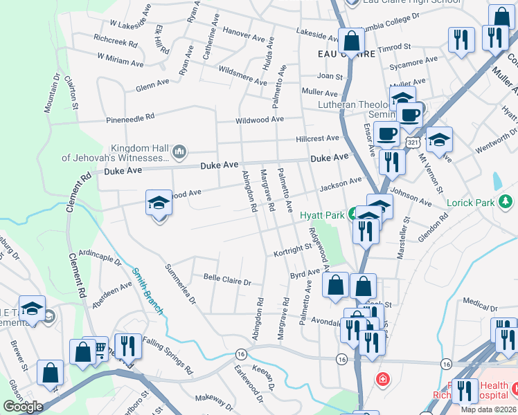 map of restaurants, bars, coffee shops, grocery stores, and more near 3915 Margrave Road in Columbia