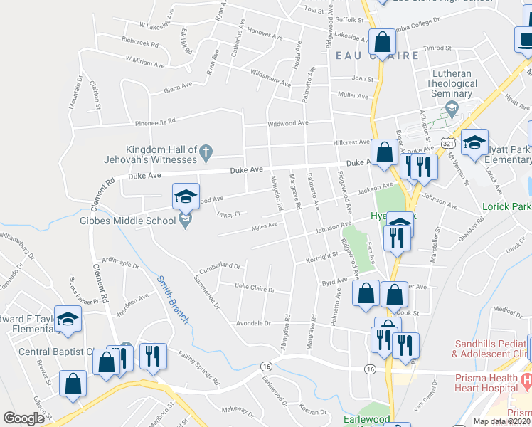 map of restaurants, bars, coffee shops, grocery stores, and more near 424 Jackson Avenue in Columbia