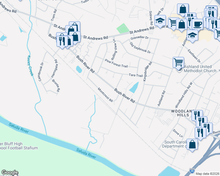 map of restaurants, bars, coffee shops, grocery stores, and more near 3212 Bush River Road in Columbia