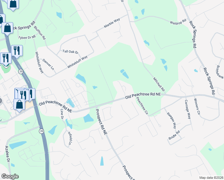 map of restaurants, bars, coffee shops, grocery stores, and more near 1414 Old Peachtree Road Northeast in Lawrenceville