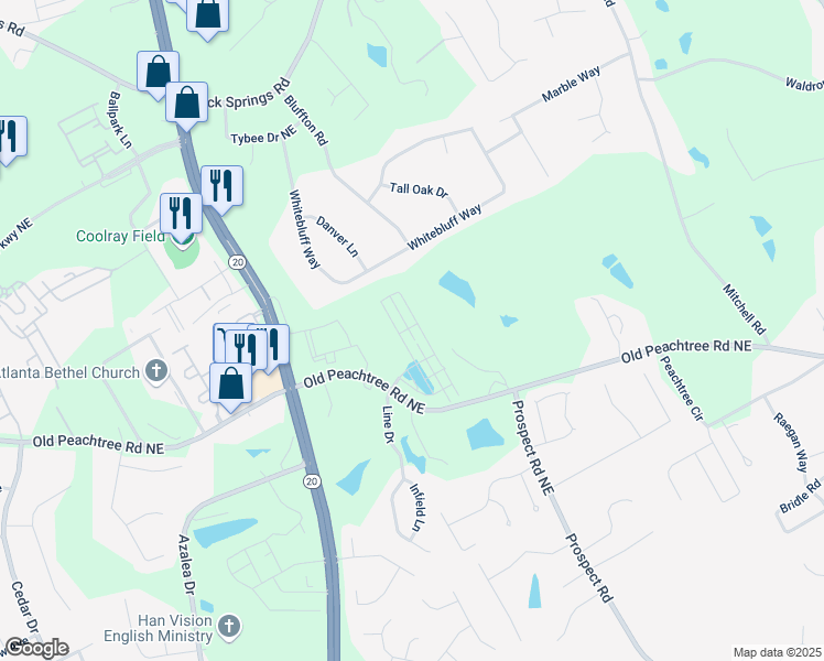 map of restaurants, bars, coffee shops, grocery stores, and more near 2370 Whistler Way Northeast in Lawrenceville
